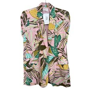 FATE Tropical Print Linen Blend Blazer Pink Green Yellow Leaf Pattern Women's S